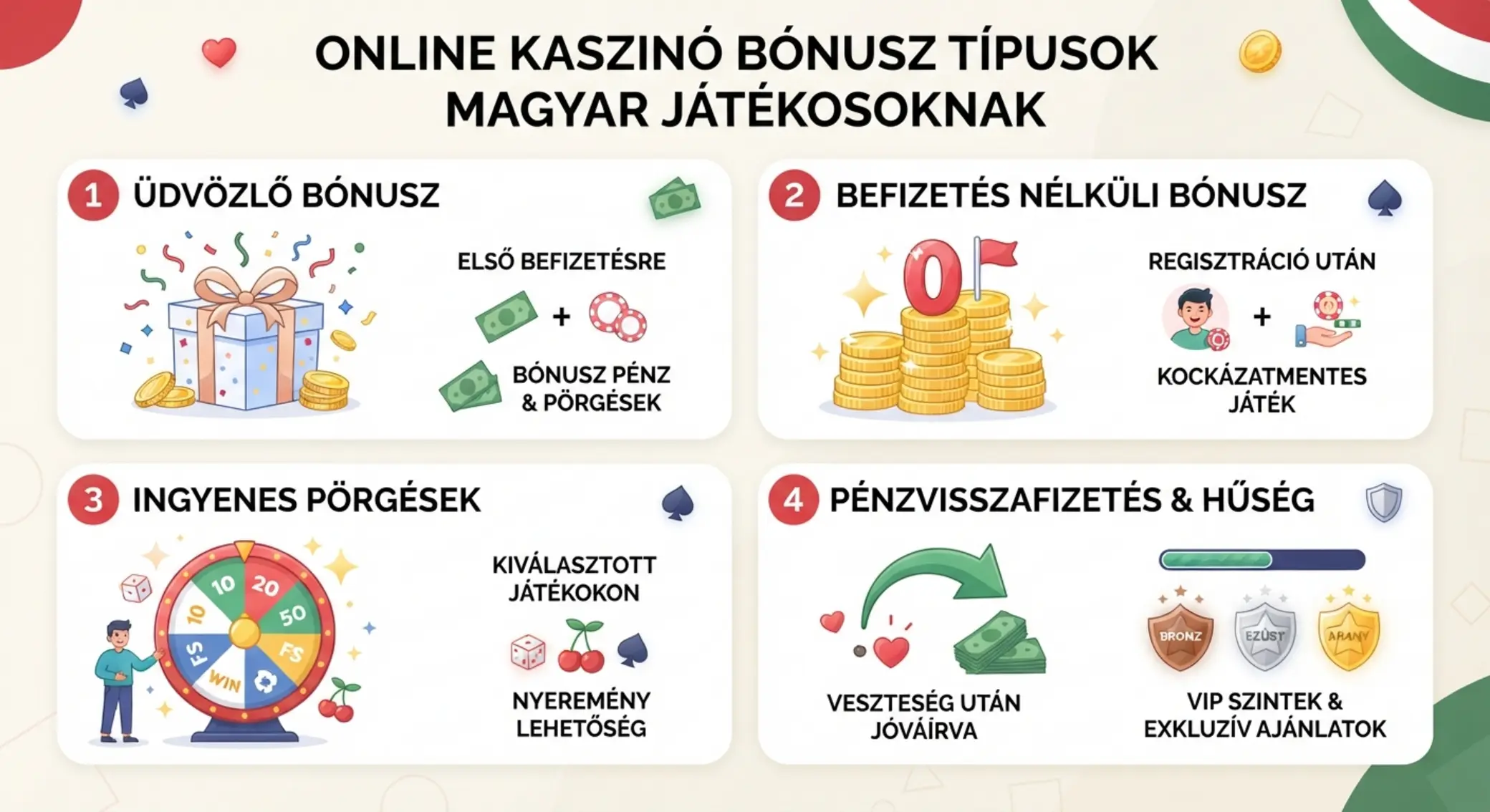 Kaszinó bónusz típusok magyar játékosoknak Különböző kaszinó bónusztípusok ikonikus ábrán
