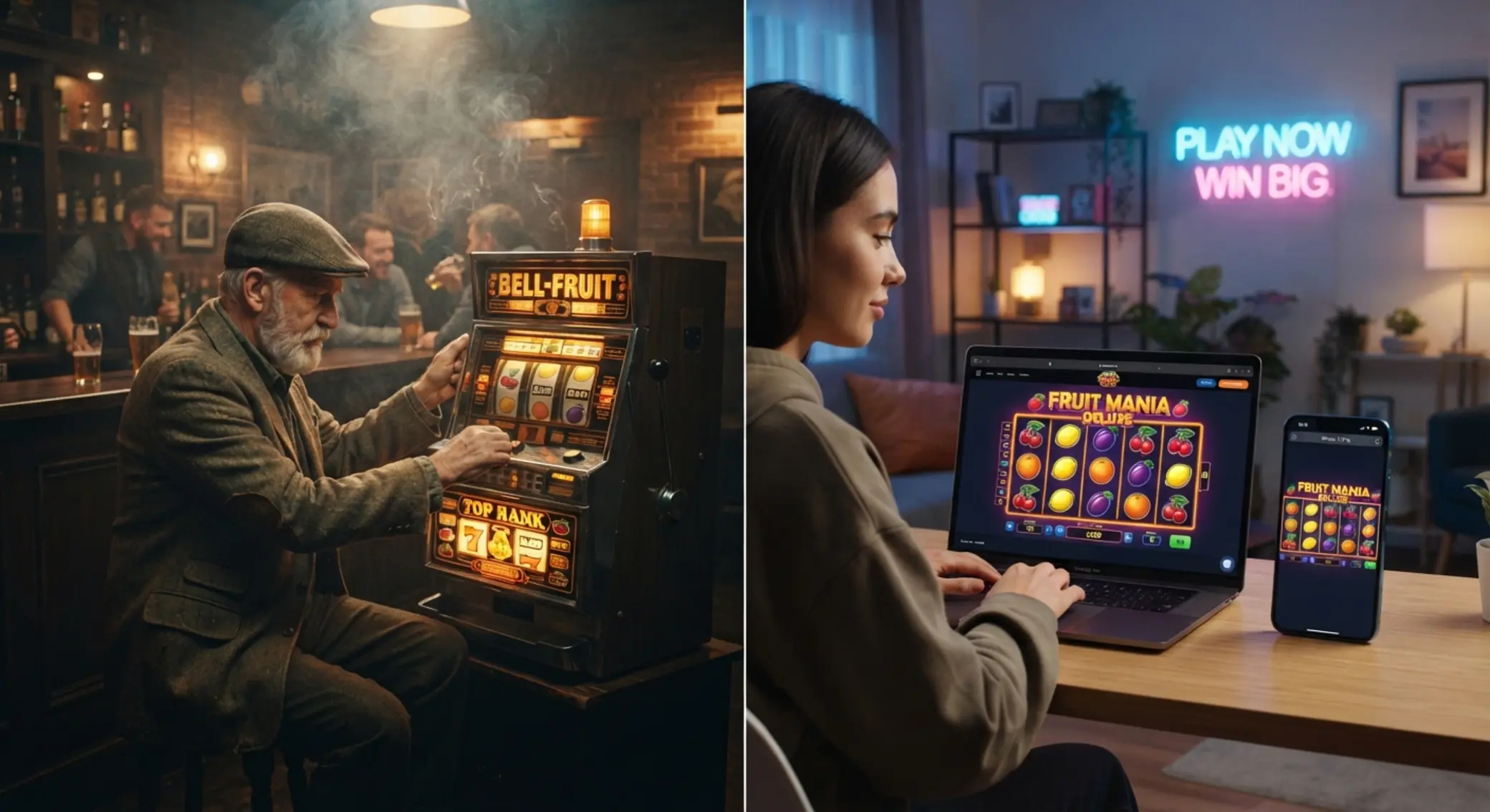 A kocsmától az online kaszinóig Régi kocsmai nyerőgép és modern online gyümölcsös slot egy képen