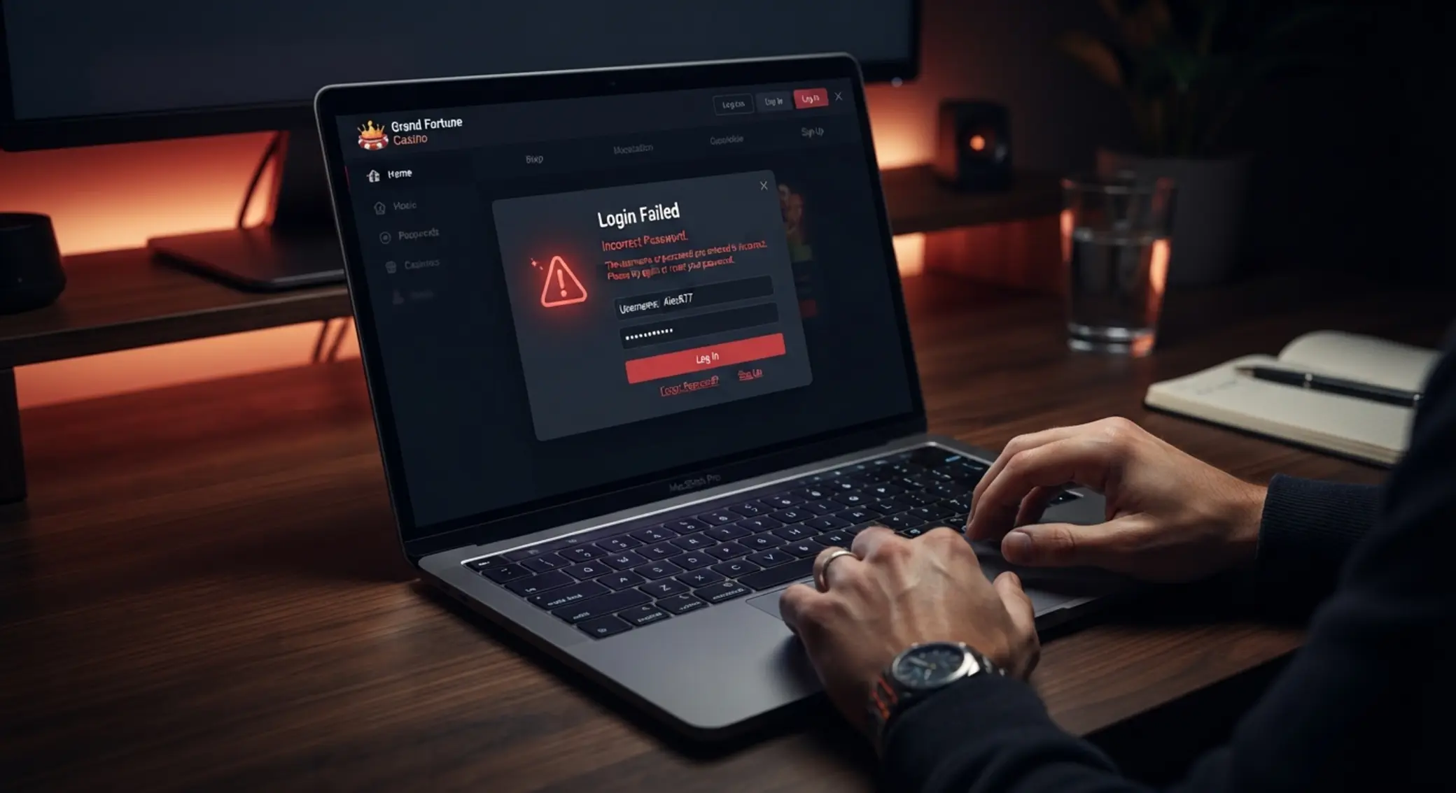 Hibás jelszót jelző online kaszinó belépési képernyő