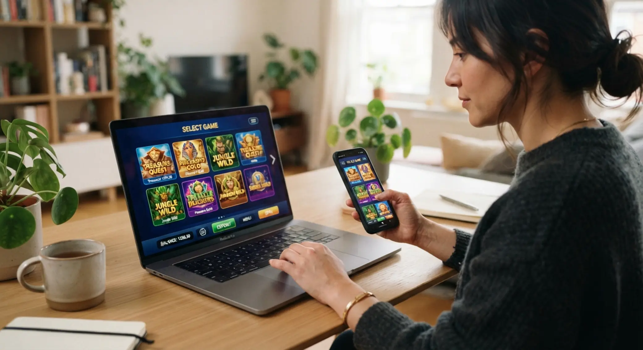 Játékos slot játékot választ laptopon és telefonon