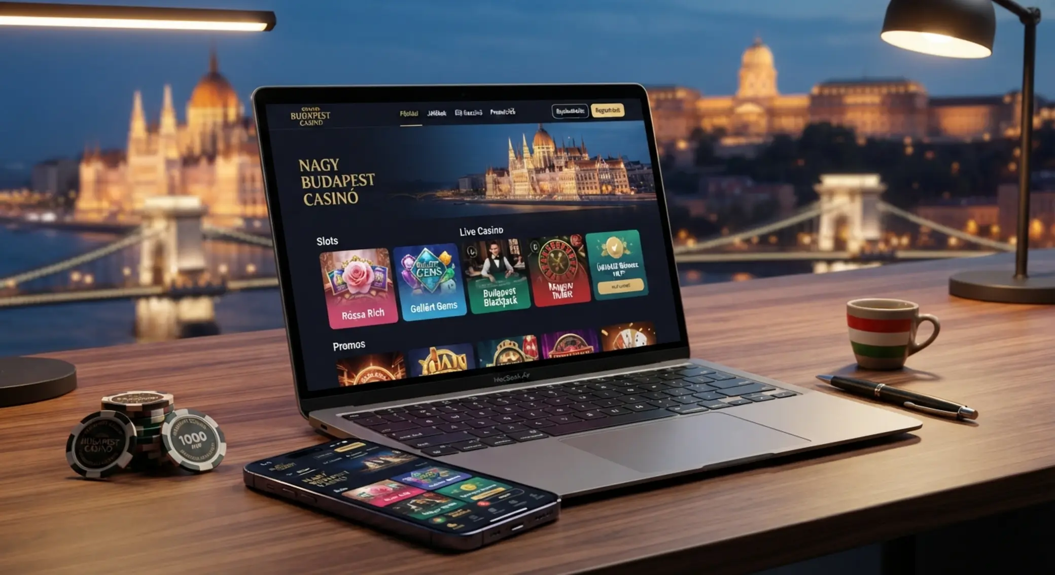 Modern online kaszinó felület laptopon és mobilon